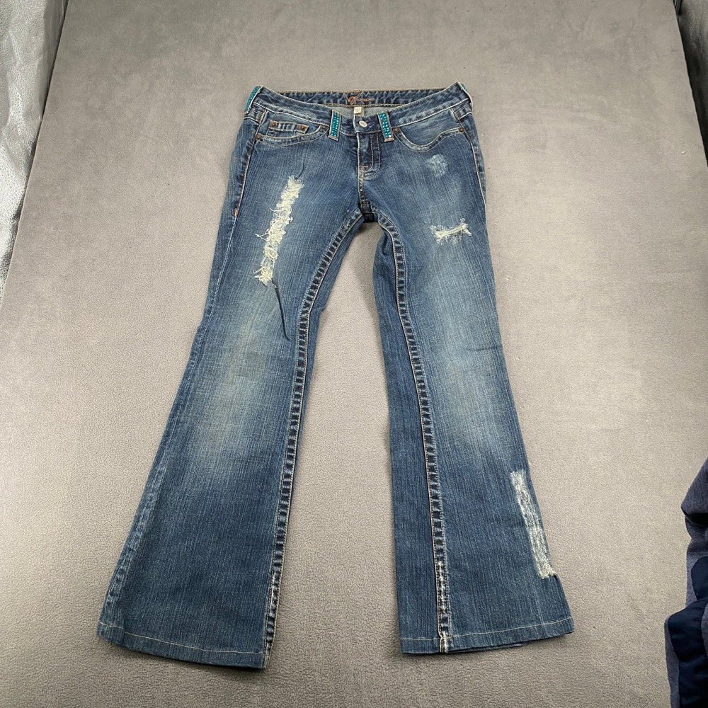 Vintage Bebe Y2K Distressed Flare Jeans Rhinestone Logo Blue Denim Womens 30